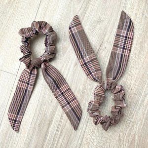 2 NWOT Handmade Brown Pink Plaid Scrunchies
